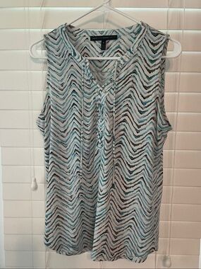 White House Black Market Teal, White & Black Zigzag Lace-Up Sleeveless Top